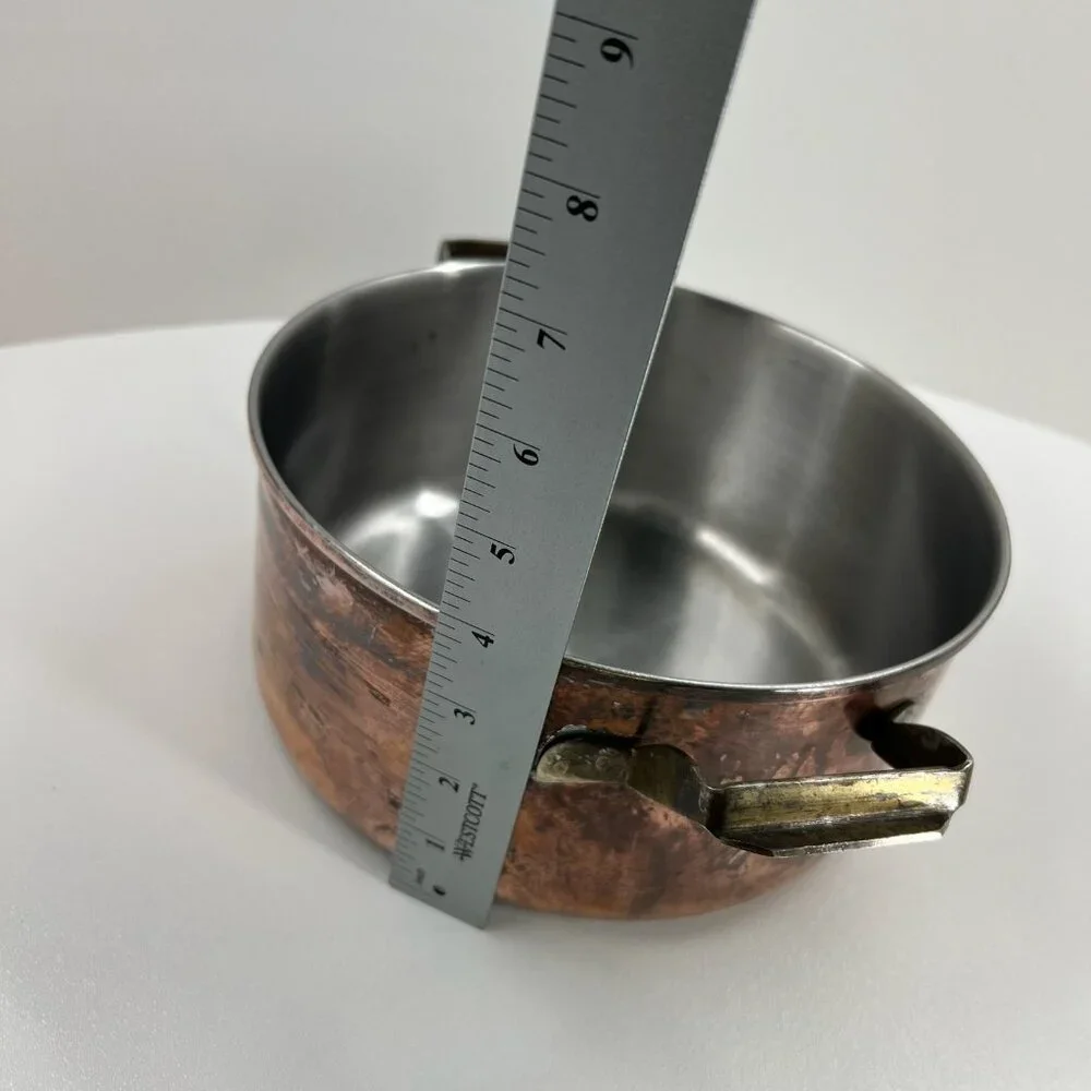 Vintage Copper Pot Stainless Steel Lined 9" Casserole Dual Brass Handles - Picture 11 of 11